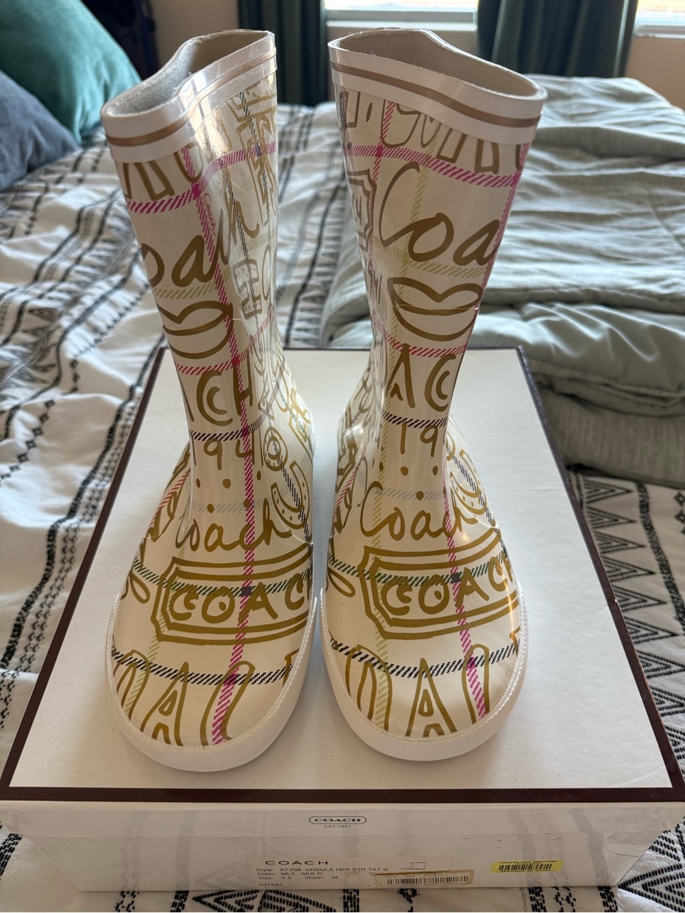 NEW Coach Cream Rain Boots with Gold Logo and Pink Plaid